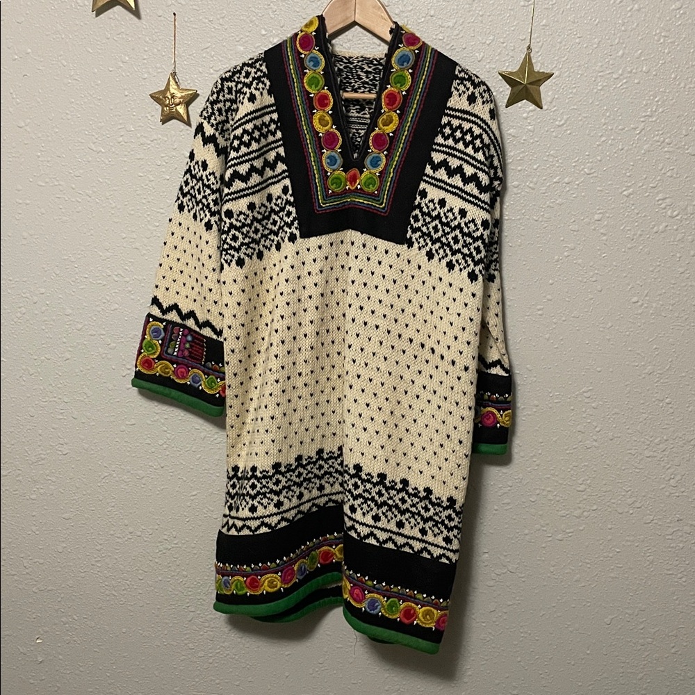 Genuine 1970s Bohemian Knit Sweater with Colorful Embroidery